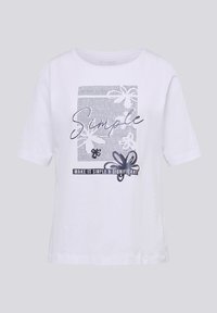 Weißes Baumwoll-T-Shirt mit einem grafischen Design, das das Wort "Einfach" und florale Akzente in Schwarz zeigt. Kurzärmelig mit Rundhalsausschnitt.