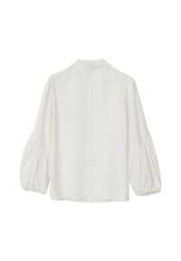 Weiße Bluse mit einem Kragen-Neckline, lässigem Schulterdesign und voluminösen, puffärmeligen Ärmeln mit elastischen Bündchen. Glatte Stofftextur.