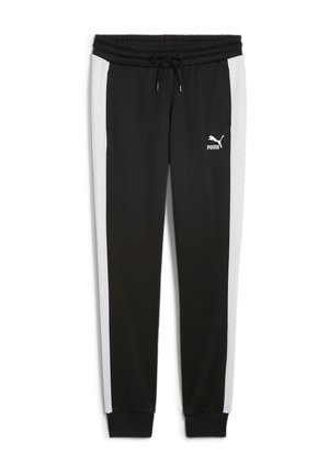 Black sweatpants with white side stripes, elastic waistband with drawstring, and small white logo on the left thigh, made from smooth fabric.
