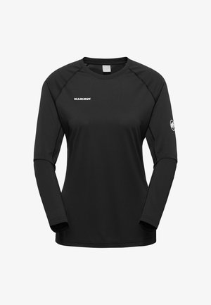 Sort atletisk langærmet skjorte med rund hals, hvidt "Mammut"-logo på brystet og mammutemblem på venstre ærme.