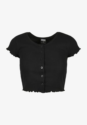 Sort ribbet crop top med rund halsudskæring, korte ærmer, knaplukning foran og volanger langs ærmerne og kanten.