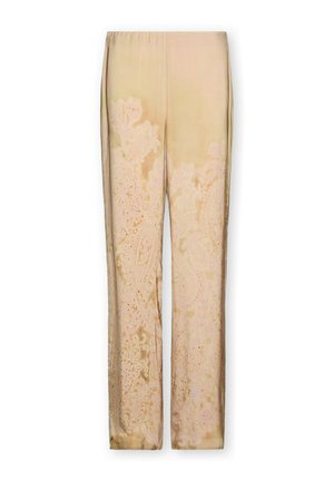 Pantalon beige taille haute à jambes droites avec un motif jacquard floral et cachemire subtil sur tout le tissu.
