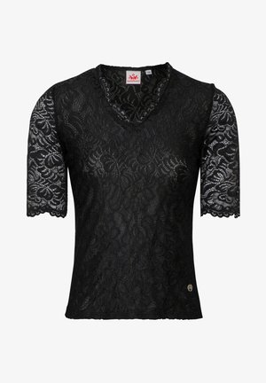 Zwarte kanten top met een V-hals en korte mouwen. Bevat bloemmotieven en geschulpte randen. Kleine logodetail vlakbij de zoom.