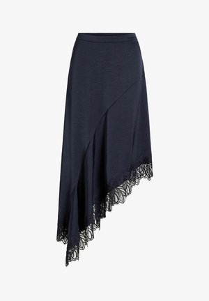 Mornarsko modra asimetrična krilo z čipkasto obrobo vzdolž poševnega roba, z zavitim sprednjim delom in gladkim pasom.