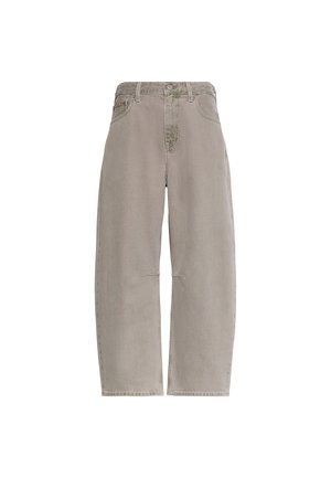 Hellgraue Denim-Hosen mit weitem Bein, hoher Taille, vorderem Knopf, Reißverschluss sowie vorderen und hinteren Taschen.