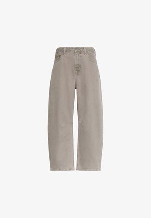 Jasnoszare szerokie spodnie dżinsowe z wysokim stanem, zapinane na guzik z przodu, z zamkiem błyskawicznym oraz przednimi i tylnymi kieszeniami.