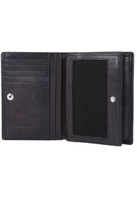 Dark brown leather wallet with embossed logo, multiple card slots, a secure snap closure, and a textured pocket for additional storage.