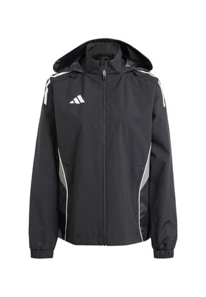Giacca atletica nera con zip frontale, cappuccio e polsini elasticizzati. Presenta accenti bianchi lungo i lati e un logo sul petto.