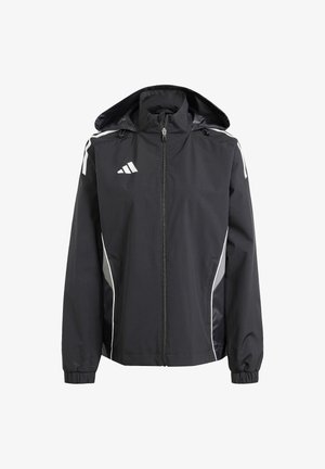 Zwarte sportjack met een ritssluiting aan de voorkant, capuchon en elastische manchetten. Kenmerkt witte accenten langs de zijkanten en een logo op de borst.