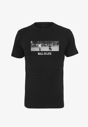Black cotton T-shirt featuring a graphic print of two children playing basketball. Text reads “BALL IS LIFE” below the image.