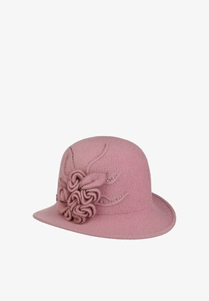 Dusty pink felt cloche hat with decorative fabric flowers and bead accents on one side, featuring a short, curved brim.