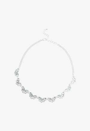 Silver necklace featuring a chain with alternating heart-shaped clear crystals. Adjustable clasp with a short extension chain.