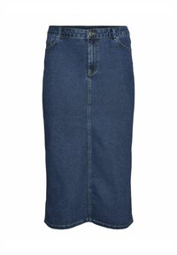 Denim svinčnik krilo v temno modri barvi, ki ima ravno krojenje, sprednje gumbe, zanke za pas in diskretno šivanje ob šivih.