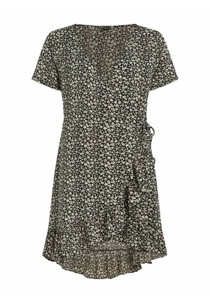 Kurzes Wickelkleid aus schwarzem Stoff mit einem weißen Blumenmuster, rüschengesäumt und mit seitlichem Bindeband für eine anpassbare Passform.
