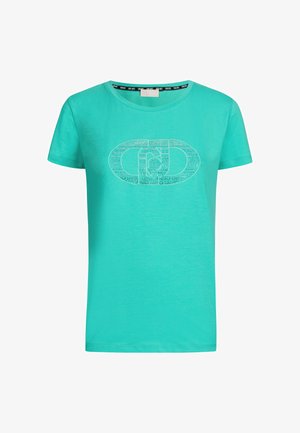 Maglietta di cotone turchese con scollatura rotonda, maniche corte e un grande logo grafico in design contornato bianco sul davanti.