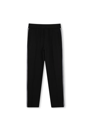 Black athletic joggers with white side stripes, featuring a ribbed waistband and two front pockets. Smooth fabric with tapered legs.