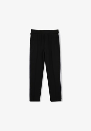 Pantalons de jogging noirs avec des bandes latérales blanches, dotés d'une taille côtelée et de deux poches avant. Tissu lisse avec des jambes fuselées.