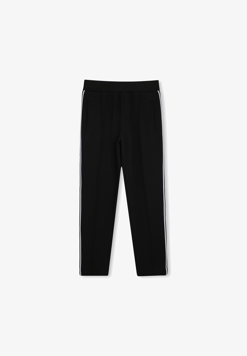 Pantalons de jogging noirs avec des bandes latérales blanches, dotés d'une taille côtelée et de deux poches avant. Tissu lisse avec des jambes fuselées.