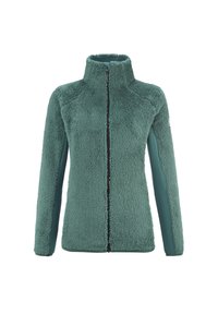 Türaubergreen Fleecjacke mit durchgehendem Reißverschluss, hohem Kragen und glatten Stoffpaneelen entlang der Ärmel für zusätzliche Flexibilität.