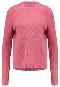 Pink knitted sweater with a round neckline, long raglan sleeves, ribbed cuffs and hem, and a soft, textured finish.