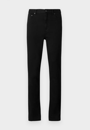Black denim jeans with a straight cut, five-pocket design, metal hardware detailing, and a smooth, opaque texture.