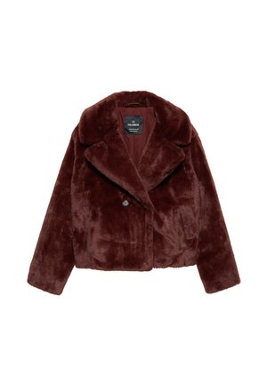 Burgunderfarbene Kunstpelzjacke mit breitem Revers, doppelter Knopfverschluss und verkürztem Schnitt. Weiche Textur und einheitliche Farbe.