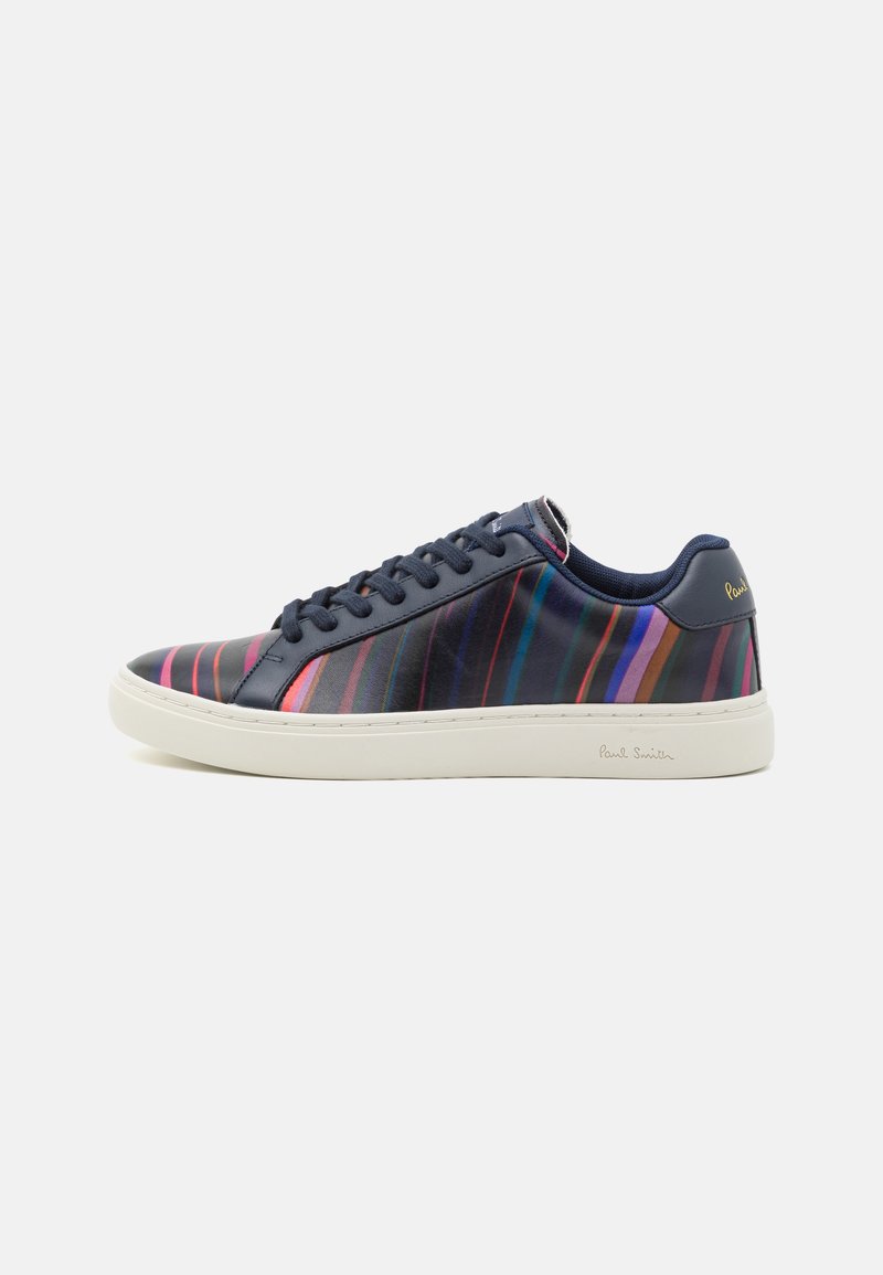 Navy leather sneakers with colorful vertical stripes, white rubber sole, and branded heel tab. Features lace-up design and stitched accents.