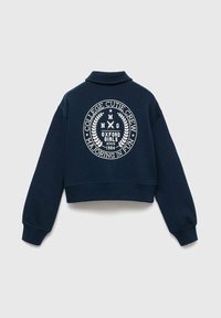 Felpa cropped blu navy con collo alto, caratterizzata da un logo grafico bianco e testo sul retro. Realizzata in tessuto a trama.