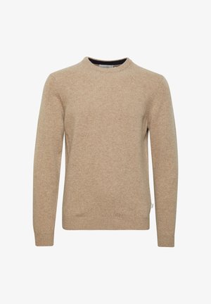 Beige gebreide trui met een ronde halslijn, lange mouwen en geribbelde manchetten. Gladde textuur met subtiele kleurvariaties.