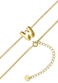 Zlatý náramok s kamienkom v tvare vlnitého písmena "W". Hladký povrch, uzatváranie na sponu, s reťazou na nastavovanie dĺžky.