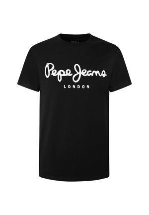 Camiseta negra de manga corta con la inscripción "Pepe Jeans London" en letras blancas en negrita, en texto cursivo y bloque, en el centro delantero.