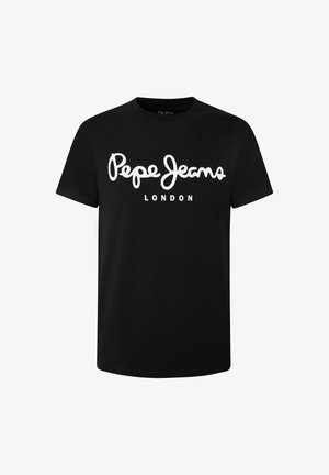 Mustad lühikeste varrukatega T-särk, mille ees keskel on valgete paksude käsitsikirja- ja plokk-tähtedega kiri "Pepe Jeans London".