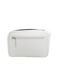 Borsa rettangolare in pelle bianca con zip superiore e tasca frontale con zip, caratterizzata da una superficie liscia e un design minimalista.