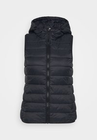 Mörk vadderad väst med huva, försedd med hel dragkedja, quiltad textur och utan ärmar. Tillverkad av lättviktsmaterial med isolering.