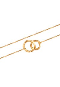 Złoty naszyjnik z dwoma splecionymi pierścieniami o polerowanej powierzchni, zawieszony na cienkim łańcuszku z małymi ogniwami.