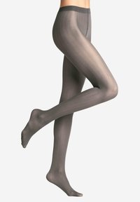 Szare rajstopy w wzory o gładkiej fakturze, elastycznym materiale i wysokim pasie, założone na nogi modelki w skrzyżowanej pozycji.