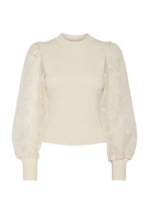Top color crema con corpo a coste e maniche puff trasparenti decorate con pois. Le maniche sono elastiche ai polsi.