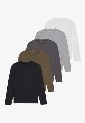 Fünf langärmlige Crew-Neck-T-Shirts in Schwarz, Dunkelgrün, Dunkelgrau, Hellgrau und Weiß. Weicher Baumwollmix, minimalistisches Design.
