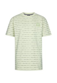 Camiseta de manga corta verde claro con rayas horizontales negras. Presenta un pequeño parche cuadrado en el lado izquierdo del pecho con un logo. Textura suave.