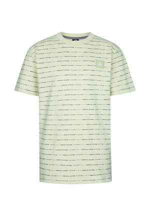 Hellgrünes T-Shirt mit kurzen Ärmeln und horizontalen schwarzen Streifen. Verfügt über ein kleines quadratisches Patch auf der linken Brust mit einem Logo. Weicher Stoff.