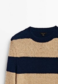 Gestreepte trui met een marineblauw en beige kleurenpalet, voorzien van een ronde halslijn en een textuur in het breiwerk.