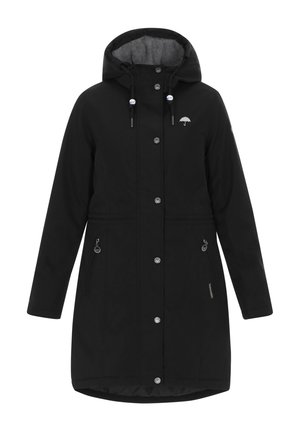 Sort vandtæt parka med hætte, sølvhardware, sidelommer og grå fleeceforing. Har et paraplylogo på brystet.