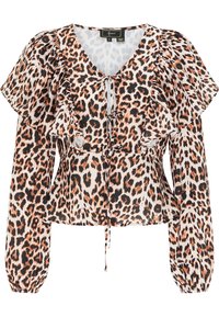 Bluse med leopardprint i let stof. Har flæseærmer, v-hals og justerbar snøre i taljen. Farverig i brun og sort.