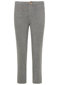 Grijze geblokte broek met knoopsluiting, standaard pasvorm en gladde textuur, met een cropped lengte en zijzakken.