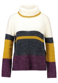 Gestrickter Rollkragenpullover mit horizontalen Streifen in Beige, Grau, Senfgelb und Lila; strukturierter, gemütlicher Stoff; lockere Passform.