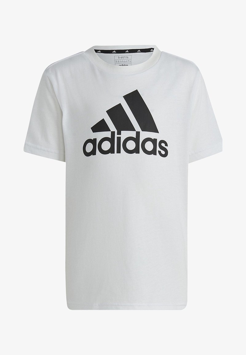 Hvid bomulds T-shirt med et stort sort Adidas-logo på fronten. Klassisk rundhals og korte ærmer. Glat tekstur.