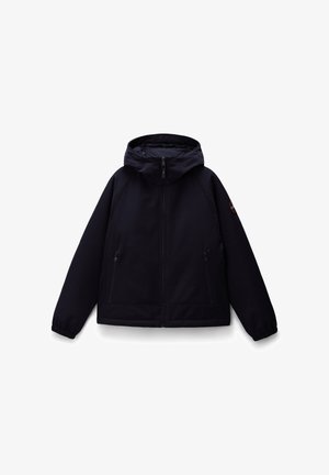 Ciemnoniebieska kurtka z kapturem, wykonana z miękkiego materiału. Posiada zamek z przodu, elastyczne mankiety, boczne kieszenie oraz naszywkę z logo na rękawie.
