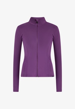 Lange mouwen paarse jas met een hoge kraag, ritssluiting aan de voorkant, aansluitend ontwerp, en twee zijzakken. Gemaakt van glad, rekbaar materiaal.