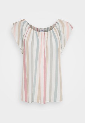 Korte mouwen top met verticale pastelkleurige strepen in beige, roze, grijs en wit, met een ronde geplooide halslijn en een losse pasvorm.