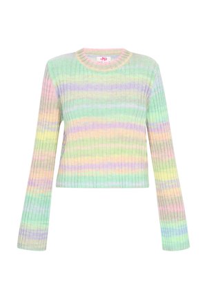 Ribbed knit-sweaterissä pastelliväreissä, jossa on vaakasuoria viiruja vihreänä, vaaleanpunaisena, keltaisena ja violetina. Pyöreä kaula-aukko ja pitkät hihat.